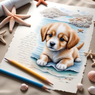 ((ultra realistic photo)), artistic sketch art, Make a pencil sketch of an adorable little FLUFFY PUPPY on a torn edge LETTER WITH LITTLE DRAWINGS AND  TEXTS, art, DETAILED textures, pure perfection, hIgh definition, detailed beach around THE PAPER, tiny delicate sea-shell, little delicate starfish, sea , delicate coral, sand pile on the paper,little calligraphy texts, little drawings on the paper,, text: "puppy", text. ,BookScenic,art_booster