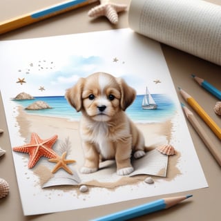 ((ultra realistic photo)), artistic sketch art, Make a pencil sketch of an adorable little FLUFFY PUPPY on a torn edge LETTER WITH LITTLE DRAWINGS AND  TEXTS, art, DETAILED textures, pure perfection, hIgh definition, detailed beach around THE PAPER, tiny delicate sea-shell, little delicate starfish, sea ,TROPICAL BAY, delicate coral, sand pile on the paper,little calligraphy texts, little drawings on the paper,, text: "puppy", text. ,BookScenic,art_booster