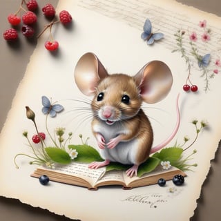  ((ultra realistic photo)), artistic sketch art, Make a little 2,5D WHITE LINE pencil sketch of a cute tiny MOUSE on an old TORN EDGE paper , art, textures, pure perfection, high definition, LITTLE FRUITS, butterfly,wild berries,berry, DELICATE FLOWERS ,grass blades, flower petals on the paper, little calligraphy text all over, little drawings, text: "mouse", text. ,BookScenic