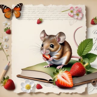 ((ultra realistic photo)), artistic sketch art, Make a little WHITE LINE pencil sketch of a cute tiny MOUSE on an old TORN EDGE Letter , art, textures, pure perfection, high definition, LITTLE FRUITS, butterfly,strawberry, berry, DELICATE FLOWERS ,grass blades, flower petals  on the paper, little calligraphy text, little drawings, text: "mouse", text. children's picture books, ,BookScenic,ink