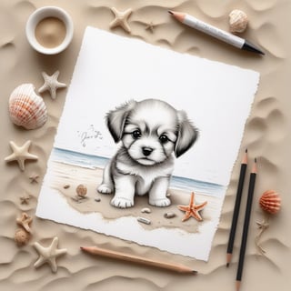 ((ultra realistic photo)), artistic sketch art, Make a DETAILED pencil sketch of an adorable little FLUFFY PUPPY on a torn edge LETTER on the sand ( WITH LITTLE DRAWINGS AND TEXTS, art, DETAILED textures, pure perfection, hIgh definition), detailed beach around THE PAPER, tiny delicate sea-shell, little delicate starfish, sea ,TROPICAL BAY BACKGROUND, delicate coral, sand pile on the paper,little calligraphy texts, little drawings on the paper,, text: "puppy", text. ,BookScenic,art_booster