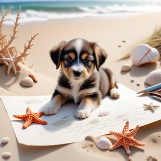 ((ultra realistic photo)), artistic sketch art, Make a DETAILED sketch of an adorable little FLUFFY PUPPY on a torn edge LETTER on the sand ( WITH LITTLE DRAWINGS AND  TEXTS, art, DETAILED textures, pure perfection, hIgh definition), detailed beach around THE PAPER, tiny delicate sea-shell, little delicate starfish, sea ,TROPICAL BAY BACKGROUND, delicate coral, sand pile on the paper,little calligraphy texts, little drawings on the paper,, text: "puppy", text. ,BookScenic,art_booster