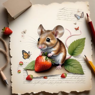 ((ultra realistic photo)), artistic sketch art, Make a little WHITE LINE pencil sketch of a cute tiny MOUSE on an old TORN EDGE Letter , art, textures, pure perfection, high definition, LITTLE FRUITS, butterfly,strawberry, berry, DELICATE FLOWERS ,grass blades, petals  on the paper, little calligraphy text, little drawings, text: "mouse", text. children's picture books, ,BookScenic,ink