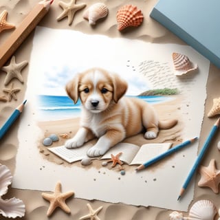 ((ultra realistic photo)), artistic sketch art, Make a DETAILED pencil sketch of an adorable little FLUFFY PUPPY on a torn edge LETTER on the sand ( WITH LITTLE DRAWINGS AND  TEXTS, art, DETAILED textures, pure perfection, hIgh definition), detailed beach around THE PAPER, tiny delicate sea-shell, little delicate starfish, sea ,TROPICAL BAY BACKGROUND, delicate coral, sand pile on the paper,little calligraphy texts, little drawings on the paper,, text: "puppy", text. ,BookScenic,art_booster