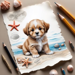 ((ultra realistic photo)), artistic sketch art, Make a pencil sketch of an adorable little FLUFFY PUPPY on an old torn edge paper, art, DETAILED textures, pure perfection, hIgh definition, detailed beach around, tiny delicate sea-shell, starfish, sea , delicate coral, sand on the paper, little calligraphy text all over, tiny delicate drawings, embossed drawings,BookScenic,ink