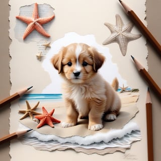 ((ultra realistic photo)), artistic sketch art, Make a pencil sketch of an adorable little FLUFFY PUPPY on an old torn edge paper, art, DETAILED textures, pure perfection, hIgh definition, detailed beach around THE PAPER, tiny delicate sea-shell, starfish, sea , delicate coral, sand pile on the paper, little calligraphy text, tiny delicate drawings,BookScenic