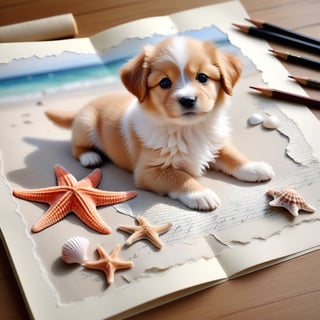 ((ultra realistic photo)), artistic sketch art, Make a pencil sketch of an adorable little FLUFFY PUPPY on an old torn edge paper, art, DETAILED textures, pure perfection, hIgh definition, detailed beach around THE PAPER, tiny delicate sea-shell, starfish, sea , delicate coral, sand on the paper, little calligraphy text all over the paper, tiny delicate drawings,BookScenic