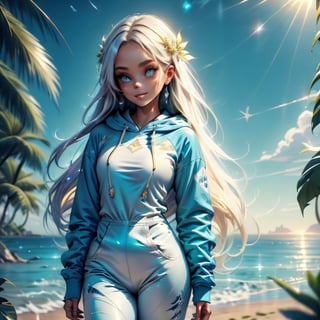 long haired cute teen, blue eyed girl, cute nose, nice little eyes, perky smile, looking at far distance, slim figure (wearing a white baggy hooded sweatshirt and baggy trouser) walking toward us in the spring time beach with a cute puppy, little birds on the sky. fashion magazine illustration