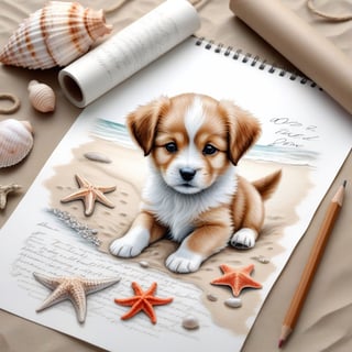 ((ultra realistic photo)), artistic sketch art, Make a pencil sketch of an adorable little FLUFFY PUPPY on a torn edge LETTER WITH LITTLE DRAWINGS AND  TEXTS, art, DETAILED textures, pure perfection, hIgh definition, detailed beach around THE PAPER, tiny delicate sea-shell, little delicate starfish, sea ,TROPICAL BAY, delicate coral, sand pile on the paper,little calligraphy texts, little drawings on the paper,, text: "puppy", text. ,BookScenic,art_booster