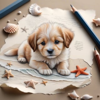 ((ultra realistic photo)), artistic sketch art, Make a pencil sketch of an adorable little FLUFFY PUPPY on an old torn edge paper, art, DETAILED textures, pure perfection, hIgh definition, detailed beach around, tiny delicate sea-shell, starfish, sea , delicate coral, sand on the paper, little calligraphy text all over, tiny delicate drawings, embossed drawings,BookScenic,ink