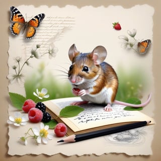  ((ultra realistic photo)), artistic sketch art, Make a little WHITE LINE pencil sketch of a cute tiny MOUSE on an old TORN EDGE PIECE OF PAPER , art, textures, pure perfection, high definition, LITTLE FRUITS, butterfly,wild berries,berry, DELICATE FLOWERS ,grass blades AROUND, flower petals on the paper, little calligraphy text all over, little drawings, text: "mouse", text. ,BookScenic,art_booster