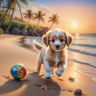 ((ultra realistic photo)), artistic sketch art, Make a DETAILED pencil sketch of a cute little FLUFFY PUPPY PLAYING WITH A BALL, (art, DETAILED textures, pure perfection, hIgh definition), detailed beach around , tiny delicate sea-shell, little delicate starfish, sea ,(very detailed TROPICAL hawaiian BAY BACKGROUND, SEA SHORE, PALM TREES, DETAILED LANDSCAPE, COLORFUL) (GOLDEN HOUR LIGHTING), delicate coral, sand piles