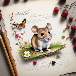 ((ultra realistic photo)), artistic sketch art, Make a little WHITE LINE pencil sketch of a cute tiny MOUSE on an old TORN EDGE PIECE OF PAPER , art, textures, pure perfection, high definition, LITTLE FRUITS, butterfly,wild berries,berry, DELICATE FLOWERS ,grass blades AROUND, flower petals on the paper, little calligraphy text all over, little drawings, text: "mouse", text. ,BookScenic,art_booster