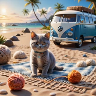 ((ultra realistic photo))  a cute little British shorthaired happy Kitty playing with a little ball of yarn ON A PLAID, IN FRONT OF THE CLASSIC VW CAMPER VAN, LOVELY WELL-ARRANGED CAMPING ENVIROMENT (art, DETAILED textures, pure perfection, hIgh definition), detailed beach around , tiny delicate sea-shell, little delicate starfish, sea ,(very detailed TROPICAL hawaiian BAY BACKGROUND, SEA SHORE, PALM TREES, DETAILED LANDSCAPE, COLORFUL) (GOLDEN HOUR LIGHTING), delicate coral, sand piles,LegendDarkFantasy,dark,anthro