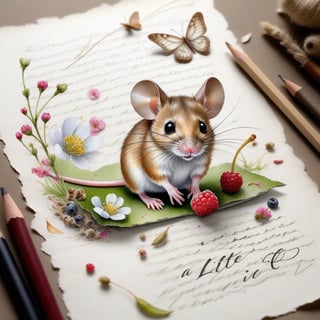 ((ultra realistic photo)), artistic sketch art, Make a little WHITE LINE pencil sketch of a cute tiny MOUSE on an old TORN EDGE PIECE OF PAPER , art, textures, pure perfection, high definition, LITTLE FRUITS, butterfly,wild berries,berry, DELICATE FLOWERS ,grass blades AROUND, flower petals on the paper, little calligraphy text all over, little drawings, text: "mouse", text. ,BookScenic,art_booster