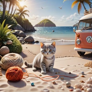 ((ultra realistic photo)) a cute British shorthaired happy Kitty playing with a little ball of yarn , CLASSIC VW CAMPER VAN in the distance, LOVELY WELL-ARRANGED CAMPING ENVIROMENT (art, DETAILED textures, pure perfection, hIgh definition), detailed beach around , tiny delicate sea-shell, little delicate starfish, sea ,(very detailed TROPICAL hawaiian BAY BACKGROUND, SEA SHORE, PALM TREES, DETAILED LANDSCAPE, COLORFUL) (GOLDEN HOUR LIGHTING), delicate coral, sand piles