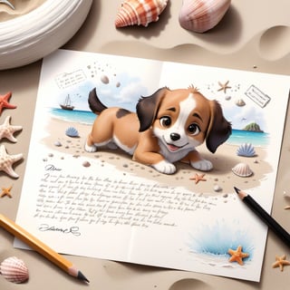 ((ultra realistic photo)), artistic sketch art, Make a DETAILED pencil sketch of a cute little FLUFFY PUPPY on a torn edge LETTER on the sand ( WITH LITTLE DRAWINGS AND TEXTS, art, DETAILED textures, pure perfection, hIgh definition), detailed beach around THE PAPER, tiny delicate sea-shell, little delicate starfish, sea ,TROPICAL BAY BACKGROUND, delicate coral, sand pile on the paper,little calligraphy texts, little drawings on the paper,, text: "puppy", text. ,BookScenic,art_booster,disney pixar style,LegendDarkFantasy