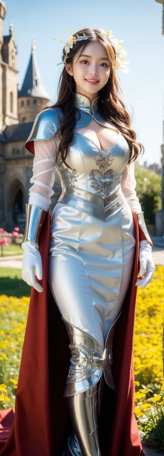 masterpiece, best quality, absurdres, perfect anatomy, 1girl, solo, long hair, hair flower, gloves, armor, breastplate, bodysuit, pelvic curtain, standing, smile, outdoors, medieval city, castle in background,,perfect light   , ,beauty,Beauty