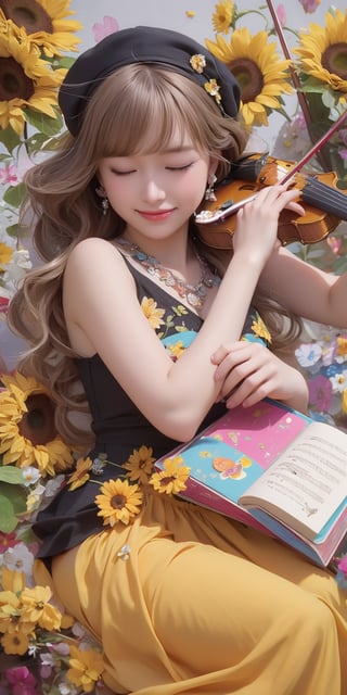 Masterpiece,\\,((Storybook Style:1.5)),\\,1 Female,Solo,Long Hair,Blushing,Smiling,Fringe,Blonde Hair,Headwear,Dress,Hug,Hair Between Eyes,Exposed Shoulders,Jewelry,Closed Mouth,Closed Eyes,Flowers,Heart,Earrings,Ruffles,Sleeveless,Flowers in Hair,Black Dress,Music Instrument,Yellow Flower,Music,Sunflower,Playing Instrument,Holding,Having Instrument,Violin,Bow \(Music\),♬Musical Note,beauty,Korean