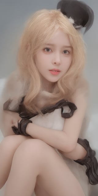 masterpiece, highly detailed full body image of a young girl with light gray eyes, Light orange long hair, punk hairstyle, smile, sweet and shy expression, little smile, cozy lighting, very dark background, wearing a black mini dress, sitting in a leather chair, unusual composition, use of negative space, spectral, close-up, detailed eyes, detailed mouth,Korean,Japanese,perfect light