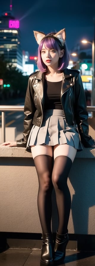 short hair, animal ears, fake animal ears, cat ears, hairband, green eyes, bangs, smug, red hair, purple hair, got punk girl, black leather jacket, ((black pleated skirt)), thigh highs, city, Nighttime, rain, full body, masterpiece,perfect light,beauty,idol