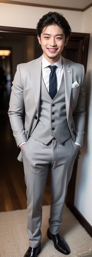 a asian beauty, perfect light, Instagram influencer, black short hair, glossy juicy lips, black eyes, grin, wearing white British-style grey suit and waistcoat, paired with long trousers and a necktie, exuding elegance, full body