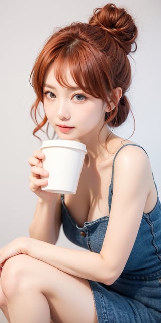 1girl, light red hair, blue eyes, long hair, cute dress, elegant bun hairstyle, tender gaze, warmly facial expression, white background, holding a coffee cup, she’s a noblewoman. she is sitting. ((Chibi character)),Korean,Japanese,perfect light