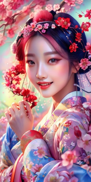 In this mesmerizing fractal art piece, a stunning Korean beauty in hanfu and delicate jewelry stands out against a dynamic, shifting backdrop reminiscent of blooming cherry blossoms. Smile.  Her left hand cradles a vibrant red flower branch, while her right hand playfully tugs at the sleeve, exuding subtle sensuality. The subject's eyes sparkle with intricate light particles that seem to capture the essence of the petals. Framing is bold and abstract, with the beauty positioned at the center of a swirling vortex of colors, textures, and shapes that blend seamlessly into the background.