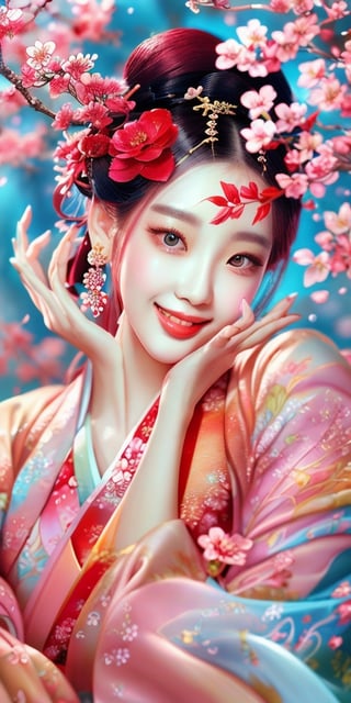 In this mesmerizing fractal art piece, a stunning Korean beauty in hanfu and delicate jewelry stands out against a dynamic, shifting backdrop reminiscent of blooming cherry blossoms. Smile.  Her left hand cradles a vibrant red flower branch, while her right hand playfully tugs at the sleeve, exuding subtle sensuality. The subject's eyes sparkle with intricate light particles that seem to capture the essence of the petals. Framing is bold and abstract, with the beauty positioned at the center of a swirling vortex of colors, textures, and shapes that blend seamlessly into the background.