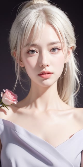1girl, ponytail ,white hair, purple eyes, collarbone, flowers and petals, (portrait), (illustration:1.1), (perfect details:1.1), abrstact_background, rose, daisy, masterpiece,,Korean,Japanese,perfect light