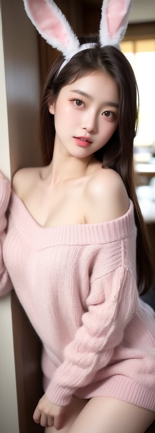 a beautifula young  asian beauty,perfect light,fluffy bunny ears, off shoulder flat cut, oversized sweater, silver long hair, saggying breasts, rabbit stuffed toy, bright lighting, light pink eyes, jumping