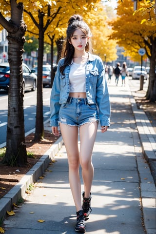 8k, (masterpiece:1.3), ultra-realistic, UHD, highly detailed, best quality, 1girl, petite, distant short, full_body, portrait of self-assurance (AIDA_LoRA_HanF:1.1) as (12 years old girl:1.1) standing in the park, (wearing denim jacket:1.1), beautiful realistic girl, cute girl, skinny, slim, fitness, natural hair, dynamic pose, cinematic, dramatic, hyper realistic, studio photo, hdr, f1.6, getty images, (colorful:1.1),perfect light,beauty,Beauty,Korean