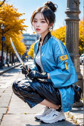 masterpiece, best quality,
1girl, solo, sword, weapon, jewelry, sneakers, black hair, shoes, squatting, sheath, katana, hair bun, jacket, blurry, holding, ring, pants, earrings, long sleeves, holding weapon, black shorts, blue jacket, holding sword, single hair bun, sheathed, blurry background, bag, depth of field, closed mouth, full body, fingerless gloves, long hair, gloves, bangs, brown eyes, sidelocks,
z1l4, Samurai girl,,perfect light,beauty,Beauty,Korean