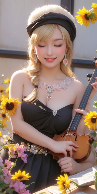 Masterpiece,\\,((Storybook Style:1.5)),\\,1 Female,Solo,Long Hair,Blushing,Smiling,Fringe,Blonde Hair,Headwear,Dress,Hug,Hair Between Eyes,Exposed Shoulders,Jewelry,Closed Mouth,Closed Eyes,Flowers,Heart,Earrings,Ruffles,Sleeveless,Flowers in Hair,Black Dress,Music Instrument,Yellow Flower,Music,Sunflower,Playing Instrument,Holding,Having Instrument,Violin,Bow \(Music\),♬Musical Note,beauty,Korean