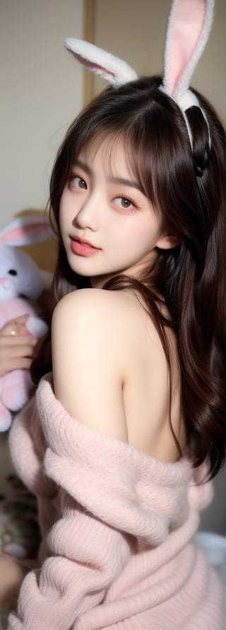 a beautifula young  asian beauty,perfect light,fluffy bunny ears, off shoulder flat cut, oversized sweater, silver long hair, saggying breasts, rabbit stuffed toy, bright lighting, light pink eyes, jumping