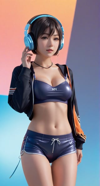 masterpiece, best quality, hoodie , short shorts,  bikini under clothes, short hair, girl, album, Japanese, gradient_background, masterpiece,best quality,official art,extremely detailed CG unity 8k wallpaper, shirt lift, hands in hair, v, headphones around neck, bra lift,(female_solo:1.4),