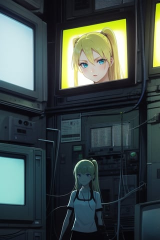 Depressive Machines, 1girl, green lighting, televisions everywhere, cables everywhere, naruko_jutsu_sexy, blonde hair