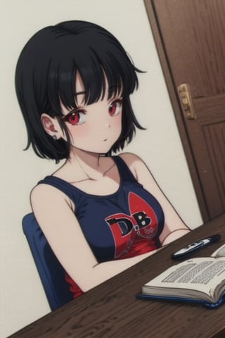 black hair, short hair, red eyes, hair,dr4g0nb4ll_Style