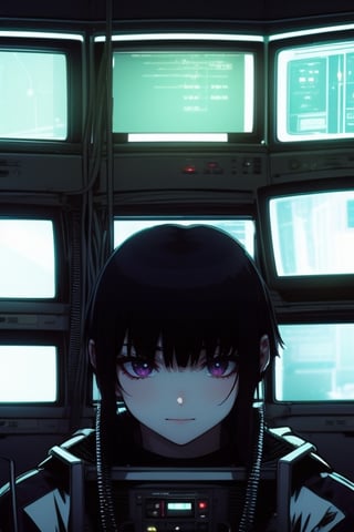 Depressive Machines, 1girl, green lighting, televisions everywhere, cables everywhere,ruka25,m40m3l1ss4, black hair, short hair, purple eyes