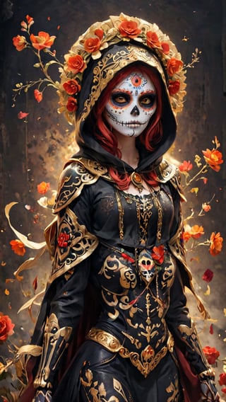 woman dressed sugar skull costume flowers, amazing octane render, thick dust red tones, wearing golden halo, saint woman, white skeleton face, wearing dark hood, hyperrealistic concept art, flower, (full body 1:1)