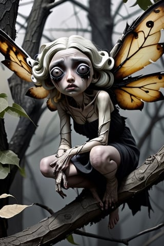 dying, unconscious, curled up, lying, on a tree branch, very large black eyes with dark circles, blackish streaks around the eyes, dark veins visible under the very pale skin, wrinkled wings, torn dress made from tree leaves, unhappy,  desperate, sick, sweating, poisoned