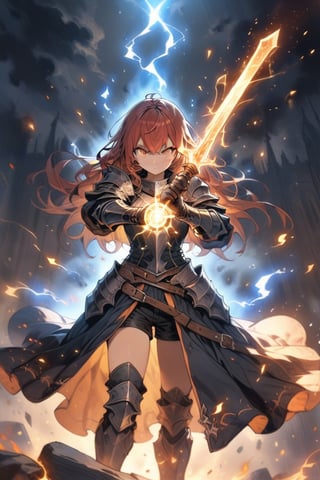 masterpiece, best quality, aesthetic, woman, teen, knight, red_hair, amber_eyes, shortsword,casting spell, fire, electricity, glowing sword, armored, fire element