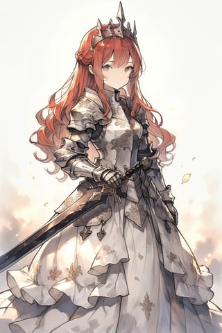 masterpiece, best quality, aesthetic, woman, teen, knight, red_hair, amber_eyes, sword,royal knight,princess