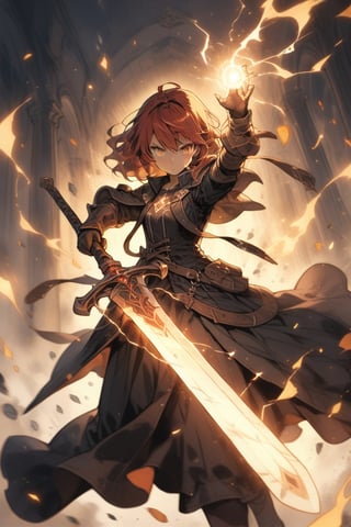 masterpiece, best quality, aesthetic, woman, teen, knight, red_hair, amber_eyes, sword,casting spell, fire, electricity