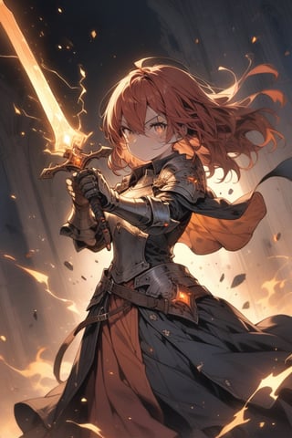 masterpiece, best quality, aesthetic, woman, teen, knight, red_hair, amber_eyes, longsword,casting spell, fire, electricity, glowing sword, armored