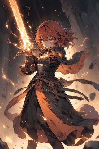 masterpiece, best quality, aesthetic, woman, teen, knight, red_hair, amber_eyes, sword,casting spell, fire, electricity, glowing sword