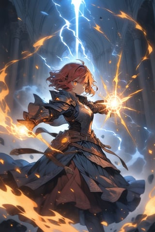 masterpiece, best quality, aesthetic, woman, teen, knight, red_hair, amber_eyes, sword,casting spell, fire, electricity, glowing sword, armored