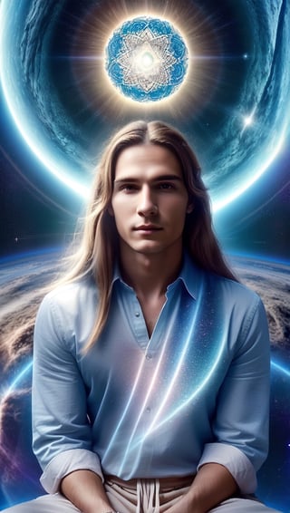young man, solo, long hair,Evolutionary harmony,newage,tranquillity,sit on the grove,forest,outdoor,(insanely detailed, beautiful detailed face, masterpiece, best quality) cinematic lighting,Spiritual master,brown hair,  brown eyes, A white blue summer gown, Straight hair,trousers,Venusian,On the ship,Spiritual aura,High latitude,Highly evolved people,Interstellar human,Chakra cosmic energy,Fifth dimension,1man,planet,Pink love Energy,Aether,Higher self,elegant,The source of consciousness is inner Zen,modesty, Overhead beams reach the sky,halo  radiate outward,Crystal,Cosmic source energy link,Have a little beard,atmosphere,