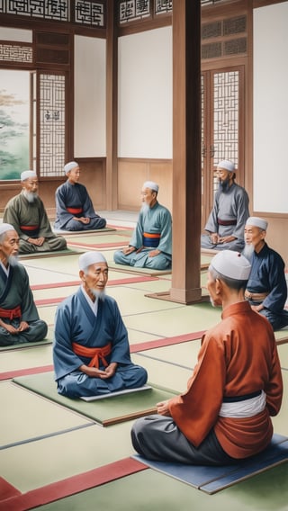 The students sit around the kiai or teacher during lessons, then they listen to the teacher's explanation, The camera focuses on the teacher, The teacher appears elderly, wise, serene, and pleasant, Background at mosque indoor,ChineseWatercolorPainting
