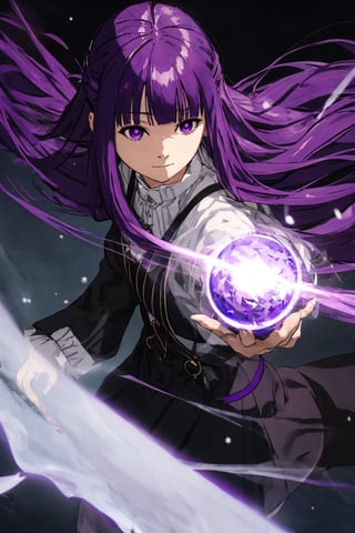 masterpiece , (dynamic pose), (slightly smiling with closed mouth), ( Fern, long hair, bangs, purple eyes, purple hair, sidelocks, blunt bangs,),((no gravity , floating in the air)), (holding a small black hole), frost and ice, snow_crystal_background, Fern